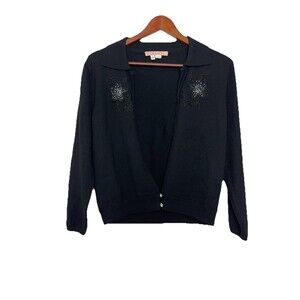 Lisa Ho Women's Medium Black Wool Sweater Collared Floral Embellished Vintage